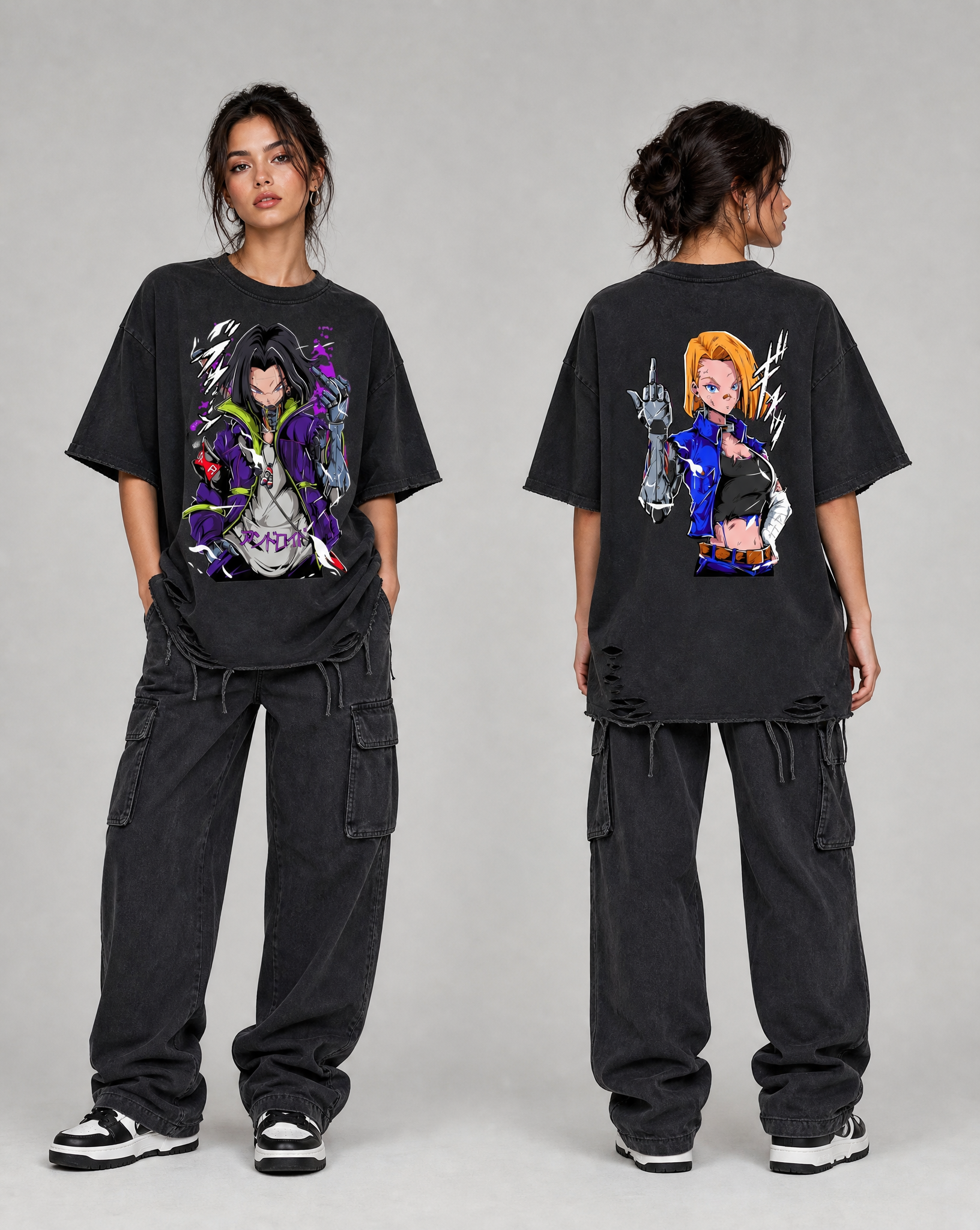 Androids 17 & 18 Snow Washed Raw Hem Tee