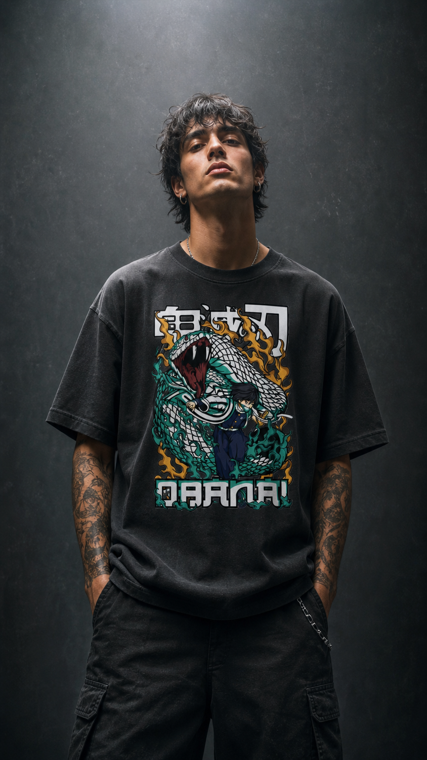 Obanai Iguro Vintage Wash Drop Shoulder Tee